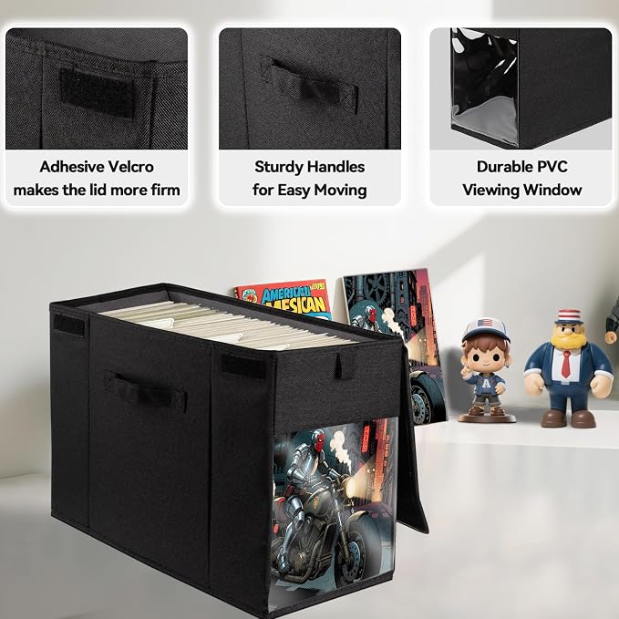 4 Pack Comic Book Storage Box with Lid for Modern Age, Collapsible Magazine Organizer with Clear Window, Heavy Duty Case Container Holder, Black
