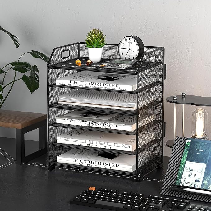 6 Trays Paper Organizer Letter Tray with Pull-Out Drawer, Assembled Mesh Desk File Holder, Metal Paper Sorter for Office Documents, Black