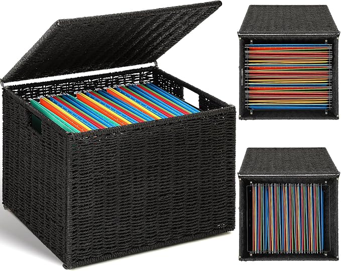 Cinnvoice Extra Large Decorative File Box 18 x 16 x 13 in Wicker Seagrass File Basket Organizer for Letter Legal Size Hand Woven Hanging Filing Cabinet with Lid for Office Paper Rope, Black
