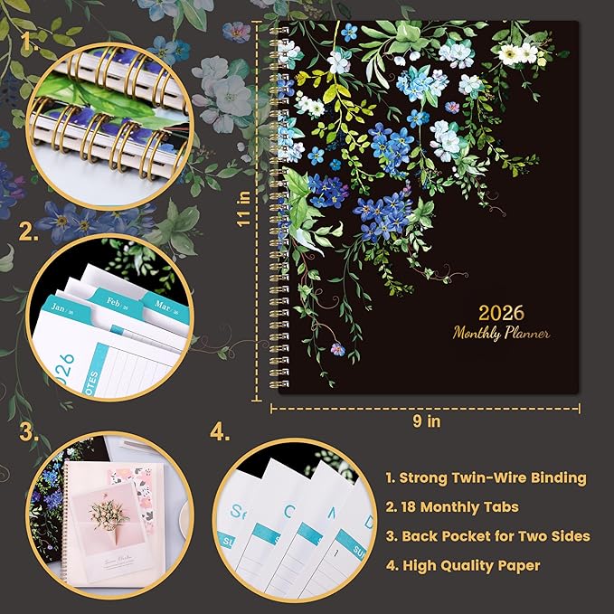 2026 Monthly Planner - 9'' x 11'', Large 12 Monthly Calendar/Planner 2026, Jan. 2026 - DEC. 2026, 2026 Calendar Planner with Twin-wire Binding, Note Pages, Tabs, Inner Pocket, Thick Paper