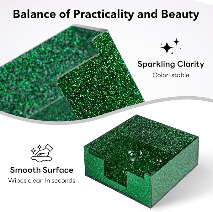 Green Sparkling Sticky Note Holder, Glitter Acrylic Organizer, 3.94 x 3.94 in Multi-Use Tray for Office, School & Home Desk