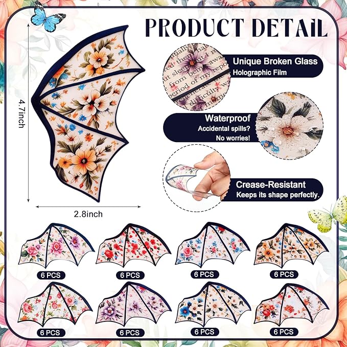 Fuyoooo 48pcs Clear Gothic Bookmark Floral Flower Patterned Bat Dragon Bookmarks Goth Gothic Dark Academia PVC Vintage Flower Book Markers Halloween Book Lover Reader Gift