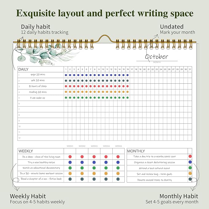Habit Tracker Calendar，12 Monthly Habit Tracker Journal with Spiral Binding,Undated Weekly Monthly Planner to Boost Productivity&Self Improvement, 8"x10"（Green)
