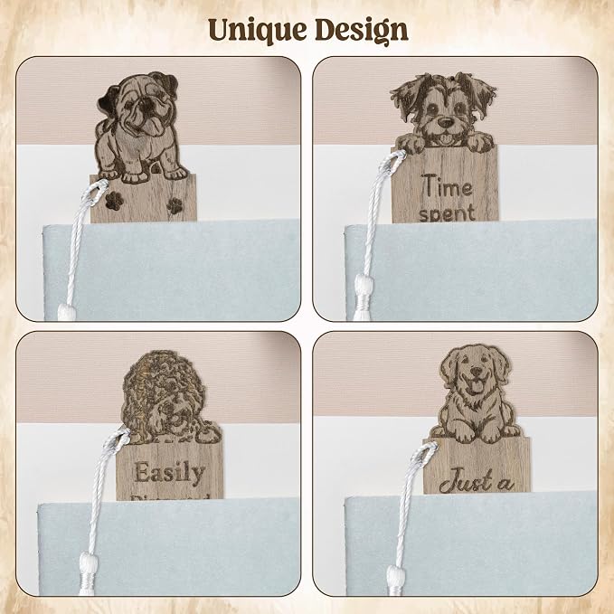 TICIAGA Wooden Dog Animal Bookmark - 4PCS Walnut Puppy Pet Bookmark Bulk with Tassel for Book Lover, Cute Dog Wooden Carving Book Mark Gift for Reading, Teacher Appreciation Gifts for Pet Lover