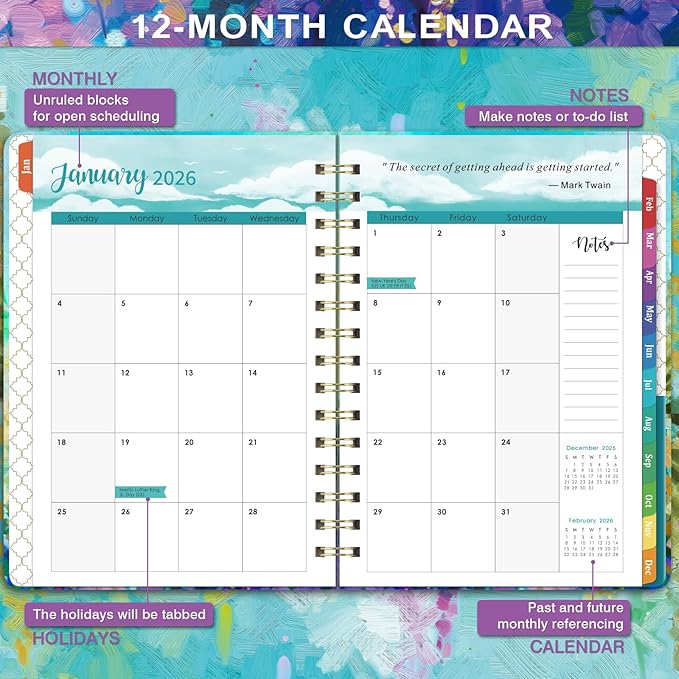 2026 Planner - JAN 2026 - DEC 2026, 2026 Planner Weekly and Monthly, 6.3" x 8.4", 2026 Calendar Planner, Weekly and Monthly Planner 2026 with Colorful Tabs, Twin-wire Binding,Back Pocket, Hardcover