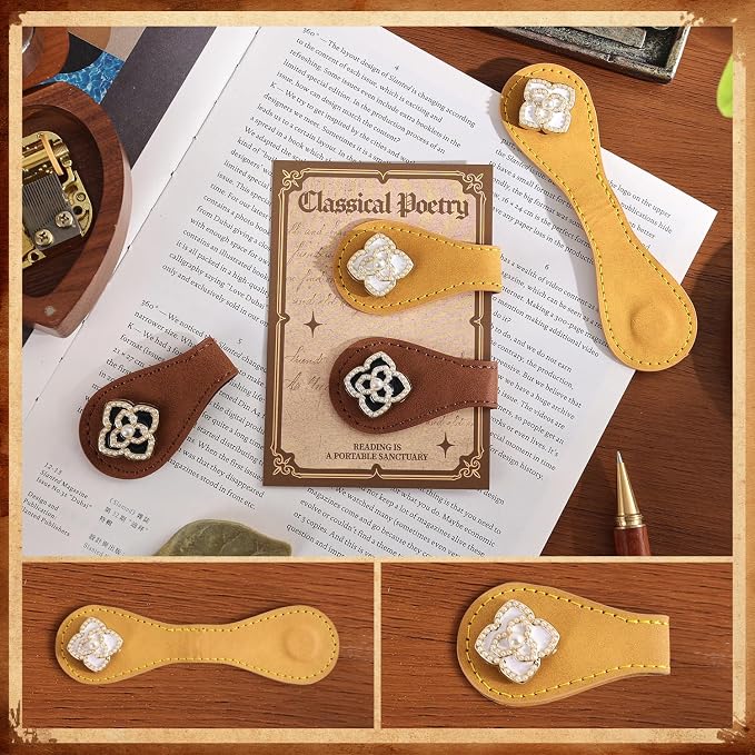 2PCS Magnetic Bookmarks with Pen Clip, Leather Bookmarks for Women, Magnetic Pen Holder Book Accessories, Four-Leaf Rose