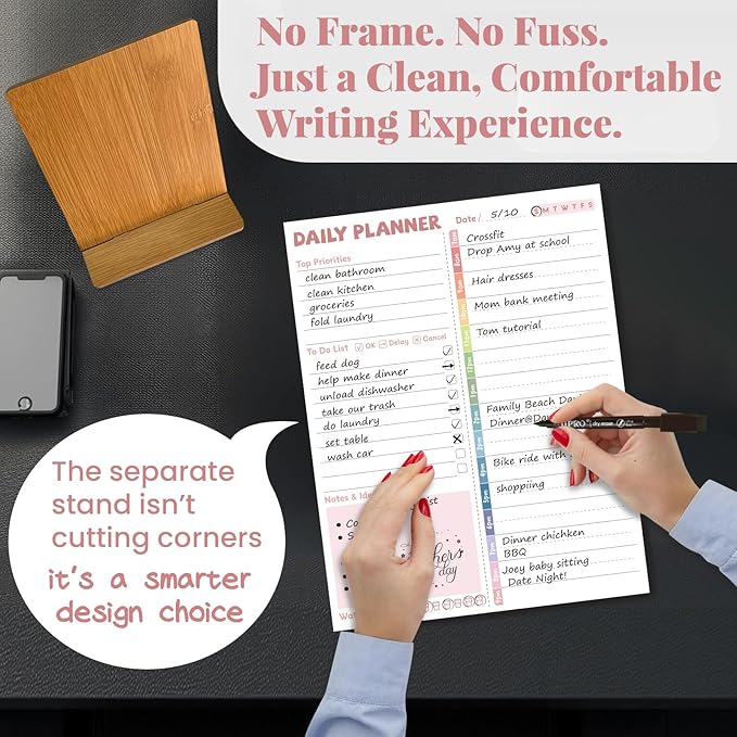 JJPRO Reusable Desktop Daily Planner with Stand,Reusable Time Schedule Board,11"x8.5" Hourly Schedule Dry Erase Board with Time Slots,Desk Hourly Dry Erase Board w/Engineered Wood Stand-Pink