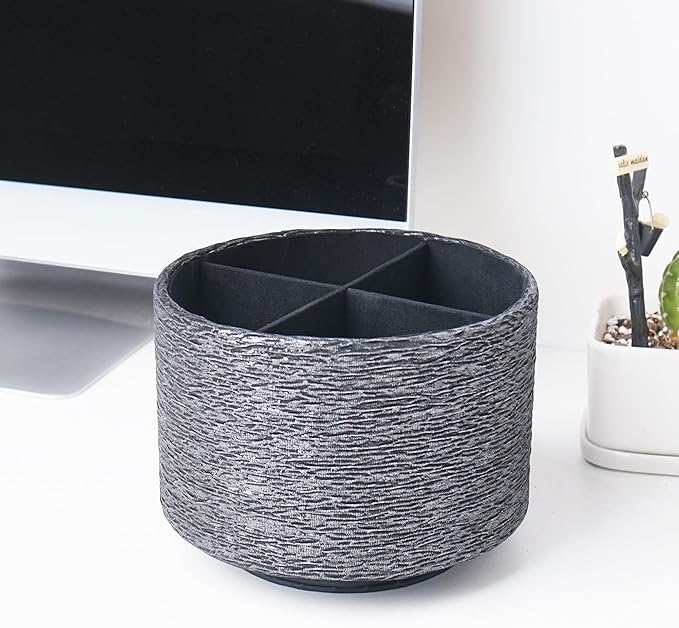 Round Leather Art Supply Organizer,Remote Control Holder,360-degree Rotating Pen Organizer with 4 Compartments(1-Light Tree Silver)