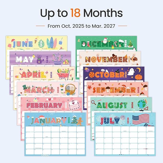 SUNEE Calendar 2026 18 Months Wall Calendar Oct. 2025 - Mar. 2027, 17"x12" Horizontal Hanging Calendar with Past Month and Next Month for Organizing & Planning, Cute