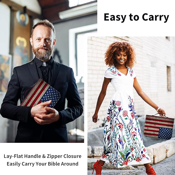 Bible Cover for Men,Large Leather Bible Case Fit Book Up to 11x8x2 Inch,Retro American Flag Bible Covers Bible Study Carrier Church Bags w/Handle & Zipper