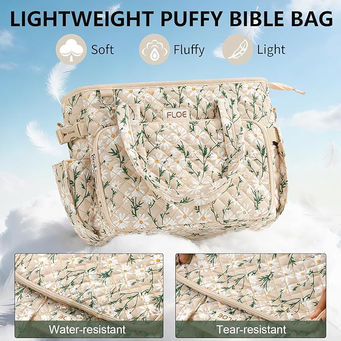 Large Bible Bag for Women Bible Cover Case, Quilted Puffer Bible Tote Bag Church Bag w/Shoulder Strap, Bible Study Supplies Journaling Kit Accessories Tabs, Mothers Day Christian Gifts for Women Mom