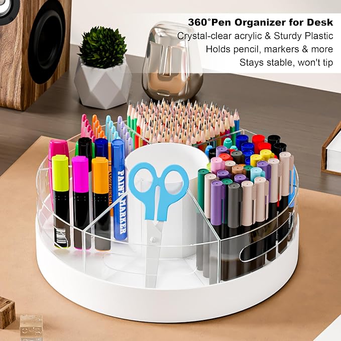 CraftGenes Rotating Pencil Organizer for Desk, 360 Smooth Spinning Marker Organizer, Clear Acrylic Pen Holder, Art Supply Storage & Lazy Susan Desktop Caddy for Kids, School, Office & Craft Room