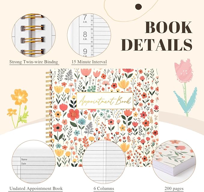 Maitys 2026-2027 Large 6 Column Salon Appointment Book for Hairstylist Spa Business, Hourly Planner 15 Minute Interval, 200 Pages Undated 6 Am 9 Pm Spiral Bound Checklist Planner(Colorful, Floral)