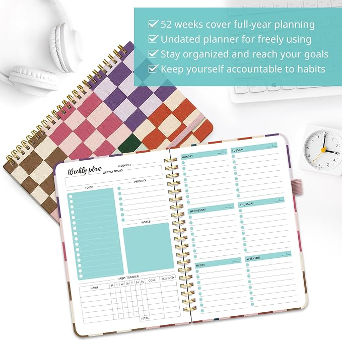 Taja Undated Weekly Planner, Weekly To Do List Notebook with Goal & Habit Tracker Organizer, A5 Weekly Planner Notebook with Spiral Binding, 6.1" x 8.2" - Checkered