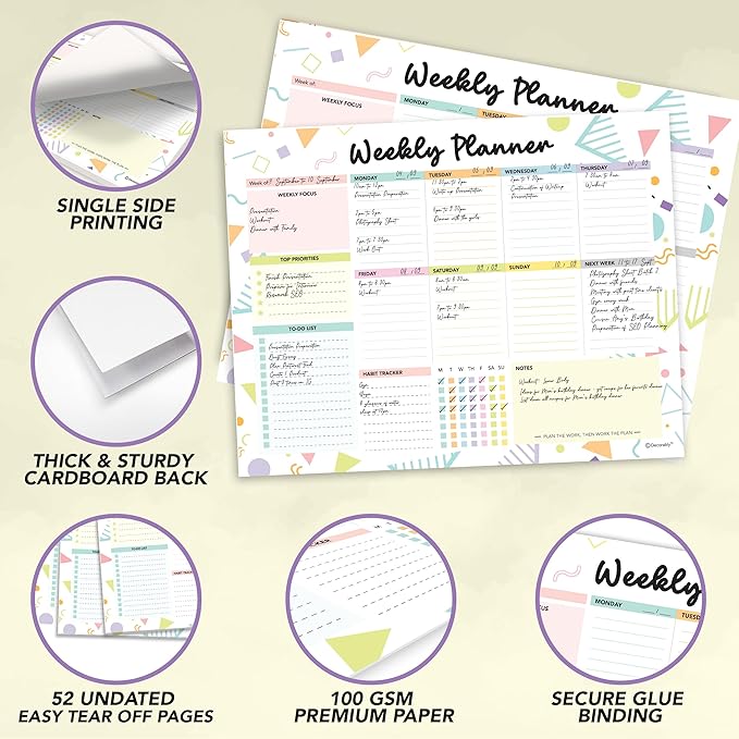 Decorably 52 Sheets Colorful Pastel Weekly To Do List Notepad - 6.5x10" Spring-Bound Planner Pad, Easy Tear-Off for Priorities, Habit Tracker, Focus & Notes - Home, School, Office