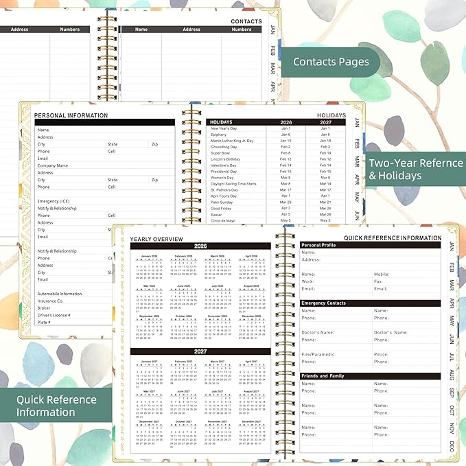 2026 Planner, Jan.2026 - Dec.2026 Planner Weekly and Monthly 6.25"x8.5" with with Page Tabs, Calendar Hardcover with Inner Pocket, Elastic Band,Twin-Wire Binding,Bookmark, Colored Leaves