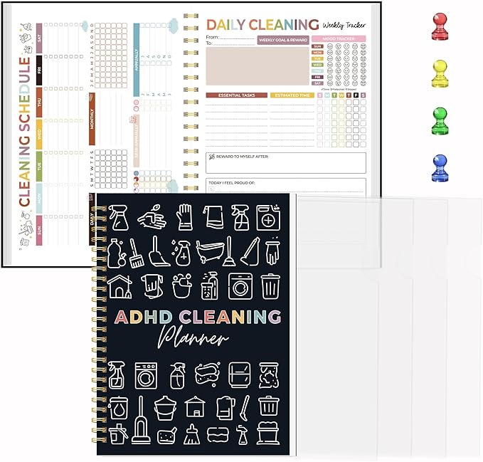 ADHD Cleaning Planner for Adults Women – Reusable Laminated Deep Clean Checklists, Gentle Daily & Weekly Cleaning System, 100 GSM No-Bleed Paper, Waterproof PVC Cover, Spiral Bound Calendar Planner for Overwhelmed Homes