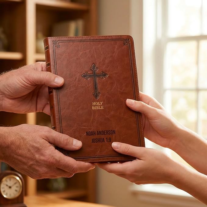 Printualist Personalized KJV Thinline Holy Bible with Name Engraved, Red Letter King James Version, Faux Leather Chestnut Cover, Custom Gift Bible for Christian Celebrations