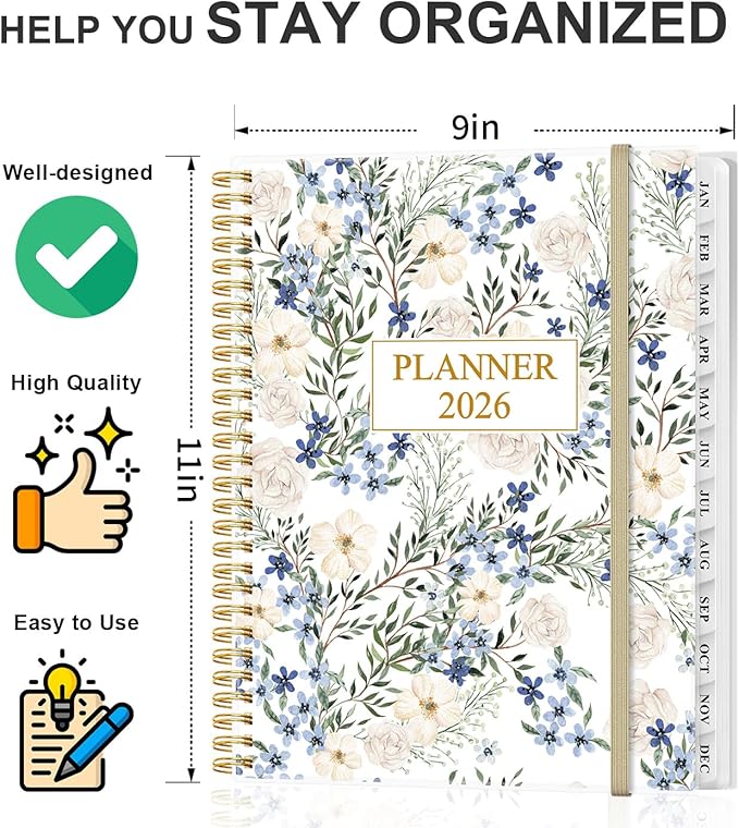 Planner 2026 - Weekly & Monthly Planner from January 2026 to December 2026, Agenda 2026 with Inner Pocket, Elastic Band, 8.5" x 11", Crushed Flower