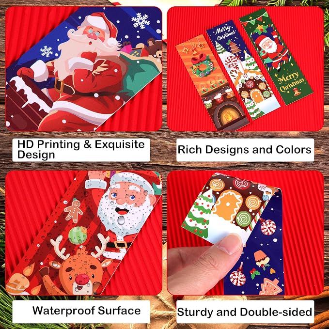 MWOOT 30 Pieces Christmas Paper Bookmarks, Double-sided Page Clips with Santa Claus Design, Creative Xmas Reading Paper Cards for Book Lovers, Student, Classroom Rewards, Party Favors,Gift Bag(15x4CM)