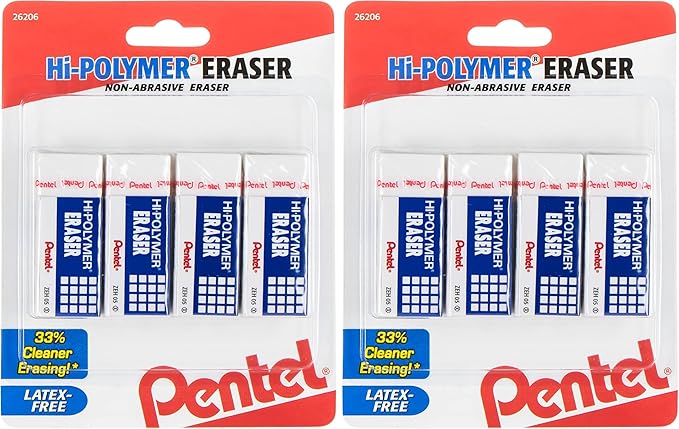 Pentel Hi-Polymer Block Eraser, Small | White | Pack of 8 | ZEH05BP4