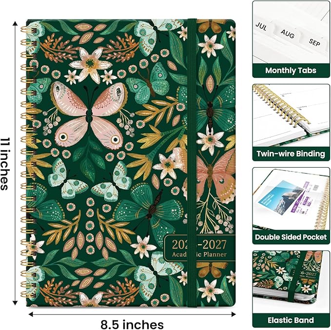Planner 2026-2027, Academic Year Monthly and Weekly Calendar Planner, Jul 2026 - Jun 2027, Hardcover Teacher Student Planning Agenda book with Tabs, Perfect for School Office Supplies, 8.5" x 11" - Butterfly