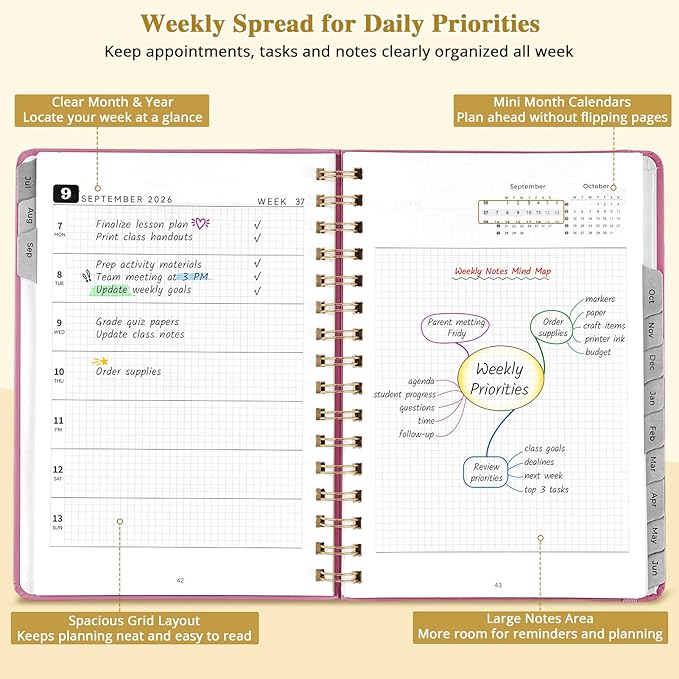 JoyCat Academic Planner 2026-2027, July 2026 - June 2027, A5 Weekly & Monthly Planner, Hardcover Agenda with Tabs, 5 Sticker Sheets, Elastic Closure & Pocket for Teachers & Students, 6.3" x 8.5", Pink