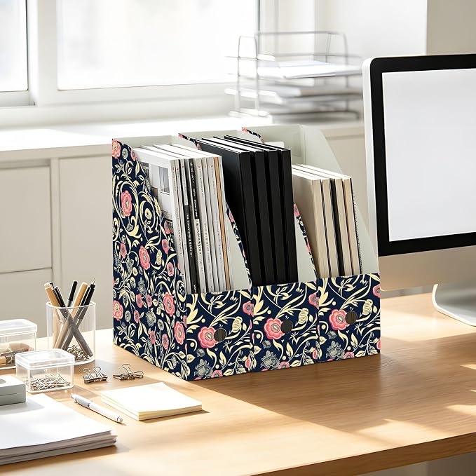 Foldable magazine folders for documents 9x12 inches, desk file organizer 3 Pack storage file boxes for Home School Office, William Morris Style Floral Dark Blue Peach