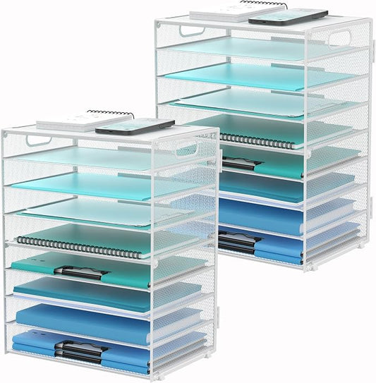 DALTACK 9-Tier Paper Organizer for Desk, Mesh Letter Tray Desk Organizer with Handles, Space-Saving File Organizer for Office Home School, White 2 Pack