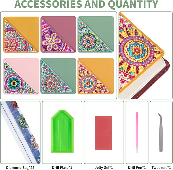 6 PCS Diamond Art Corner Bookmarks, Diamond Painting Bookmarks for Adults Kids Book Corner - Protecting DIY Paint by Dots Home Office Beginner Gifts for Mom Christmas Gifts for Women (Mandala Flower