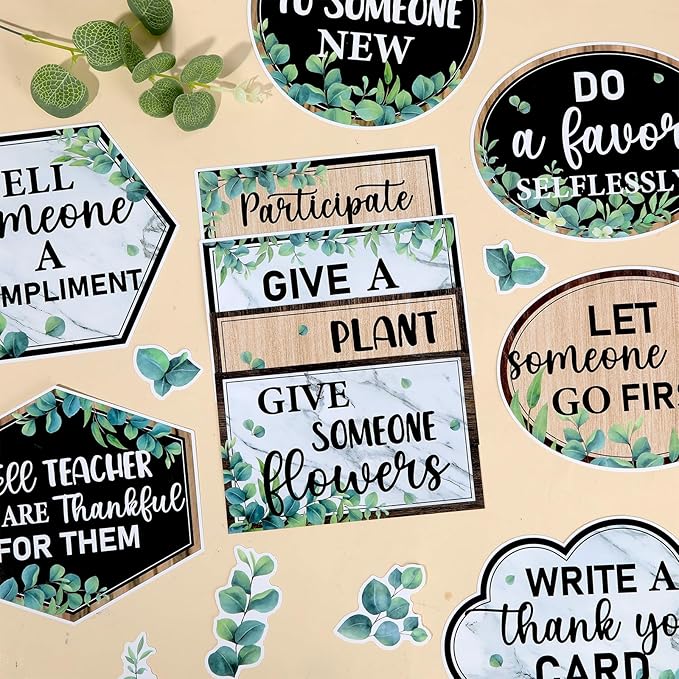 QOUBAI Greenery Random Acts of Kindness Bulletin Board Set Eucalyptus Classroom Bulletin Board Decorations Kindness Challenge Cutouts Classroom Decorations for Back to School Office Chalkboard Decor