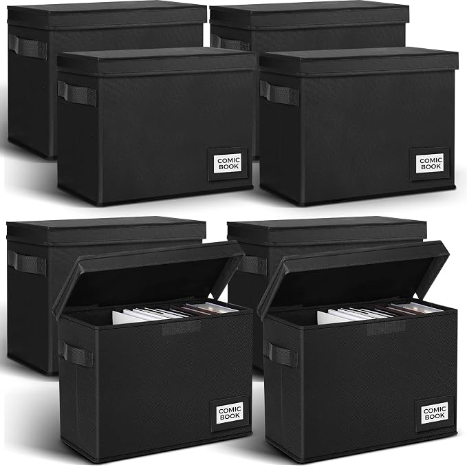 Lincia 8 Pack Comic Book Storage Boxes, 15.4" x 7.5" x 11.4" Book Box Organizer Collapsible with Handles, Stackable Short Bin to Holds 150-180 Comics for Home School Classroom, Black