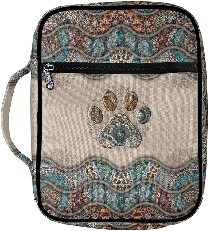 Suobstales Boho Paw Print Bible Cover Bible Case for Women Men Lightweight Carrying Book Cover Church Bag Bible Protective Bag with Handle and Zippered Pocket