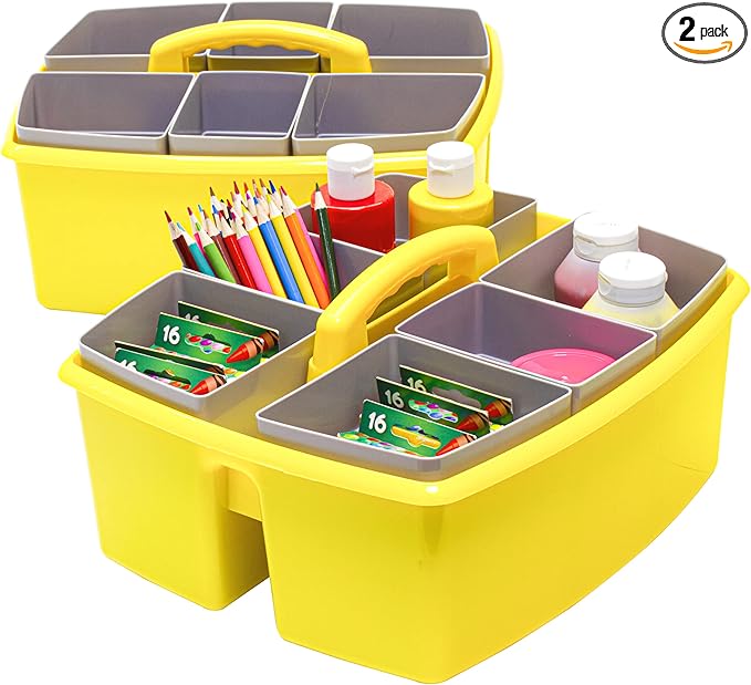 Storex Large Classroom Caddy with Cups, 13 x 11 x 6.575 Inches, Yellow, Case of 2 (00982A02C)