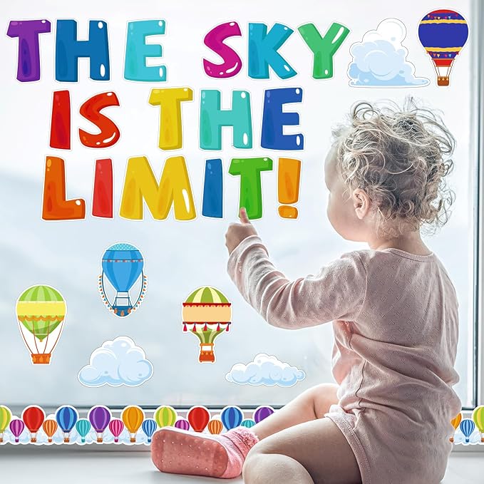Kepeel Hot Air Balloon Classroom Bulletin Board Decorations with Inspirational Sayings, The Sky is The Limit Art Cutouts for Kids Back to School Kindergarten Classroom Office Nursery Party Supplies