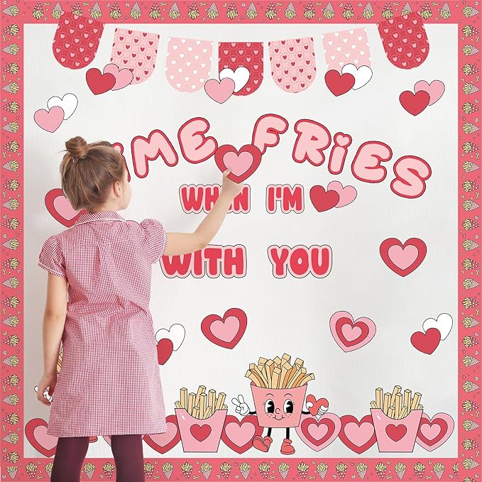 Zhanmai 74 Pcs Valentine's Day Fries Bulletin Board Set, Valentines Classroom Door Decor French Fries Bulletin Board Trim Red Pink Heart Cutouts for Chalkboard Wall Home Decor