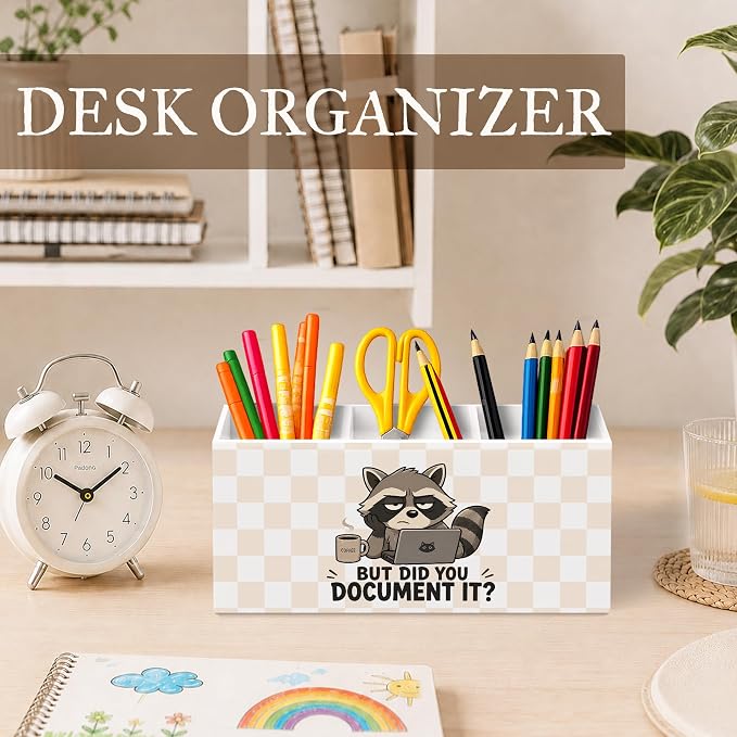 Funny Raccoon Pen Pencil Holder for Desk, Human Resource HR Gifts, Raccoon Gifts, But Did You Document It Checkered Wooden Pencil Holder Organizer Desk Accessories Decor for Home Office