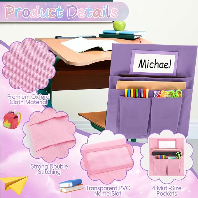 gisgfim 24 Pcs Small Chair Pockets for Classroom 13 x 14 Inch Bag with Name Tag Multi Pockets Chairsback Pouch Organizer for Student Kindergarten Elementary Daycare (Pastel Pink)
