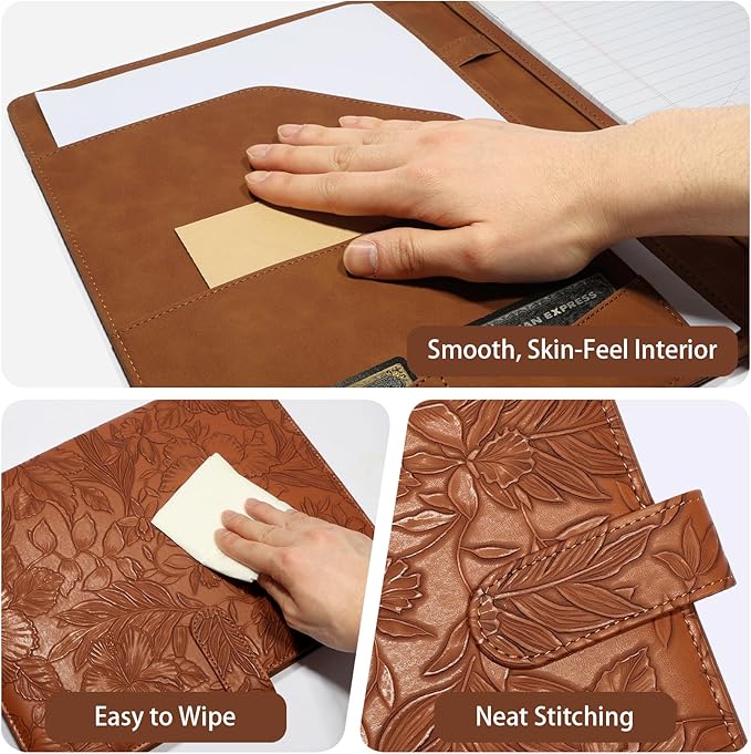 Professional Padfolio Portfolio Binder, Textured Embossing Faux Leather Folder Organizer for Letter Size Legal Pad Notepad Resume, Card Holder for Women Men Business Office Conference (Brown)