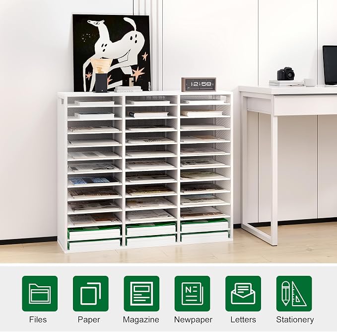 TQVAI 36 Compartments Desktop Literature Organizer, Metal Frame Paper Sorter with Handles, Heavy Duty Mailbox for Classroom and Office, Desk File Organizer for Document, Bill, Magazine, White