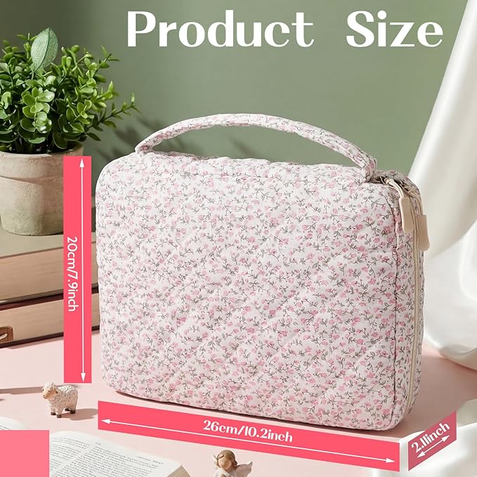 Aliceset Large Bible Cover Case for Women, Pink Floral Quilted Cotton Bible Carrying Case Organizer Bag with Handle and Zipper, for Christian Easter Gifts, Study Supplies Accessories