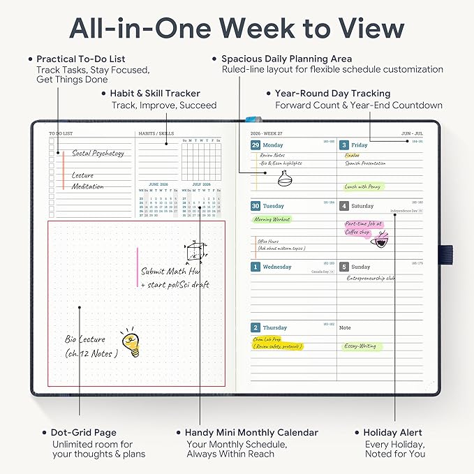 Weekly Planner 2026-2027 A5 (6.5" x 8.5") 12 Months (Jul'26 - Jun'27) Weekly & Monthly Planner with Month Tabs & Inner Pocket, Expenses/Note Pages, PU Leather Blue