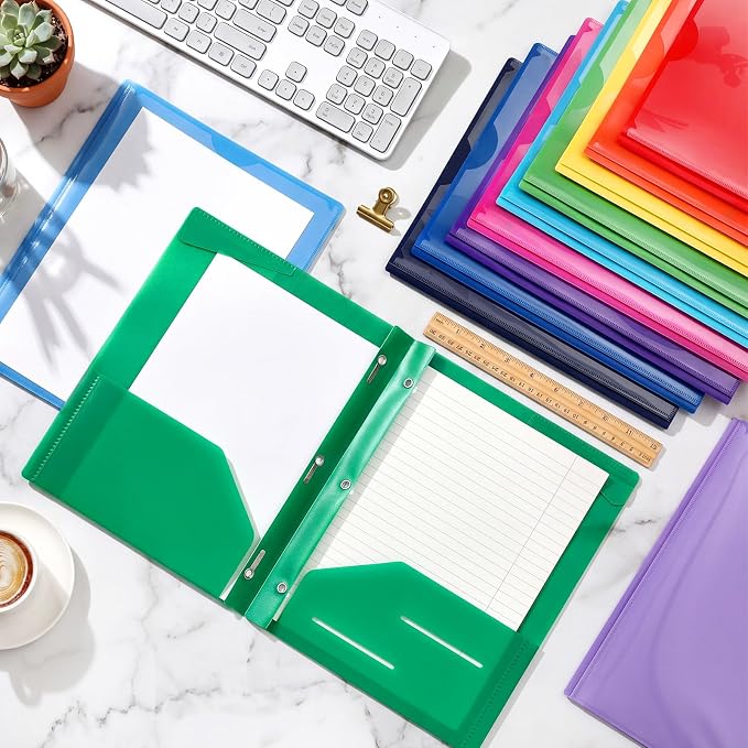 Tenceur 72 Pack Plastic Folders with 3 Prongs Bulk Heavy Duty Folders with Clear Front Pockets and Card Slots with Fasteners Fit Letter-Size Papers for Work School Office (Mix Colors)