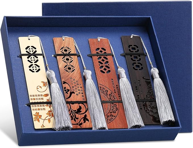 Outus 4 Pieces Wooden Bookmarks for Men Women Employee Father's Day Appreciation Gifts for Men Back to School Gifts Vintage Handmade Natural Carving for Book Lovers Birthday(Vibrant Style)
