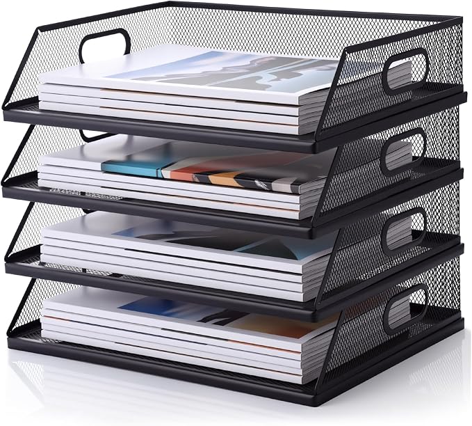 4 Pcs Paper Organizers Metal Mesh Desk Organizer Stackable Desk Tray Single Wire Mesh Organizer Front Load File Paper Holder for Desktop Office Home Classroom School