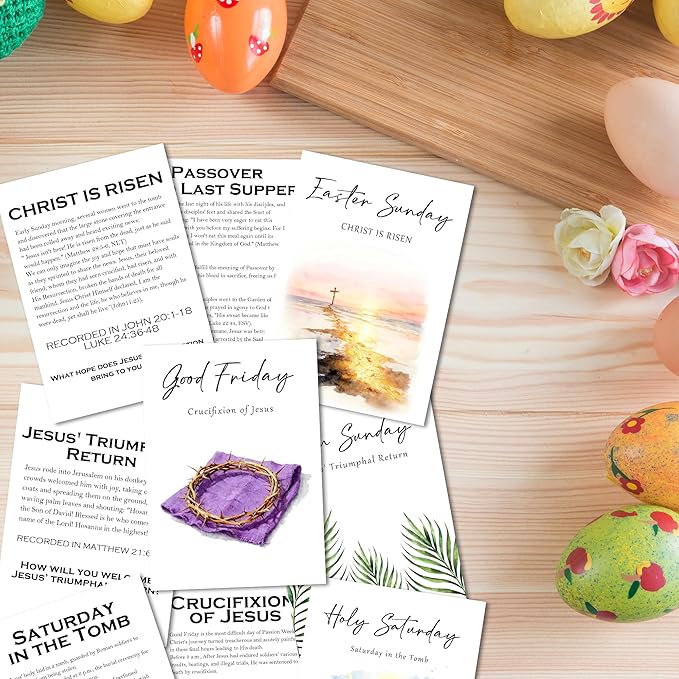 Holy Week Story Cards & Easter Story Cards - Holy Week Decoration - Religious Supplies & Easter Activities for Kids Teens Adults - Sunday School Learning Card(16 Holders 26 Feet Hemp Rope) - A02