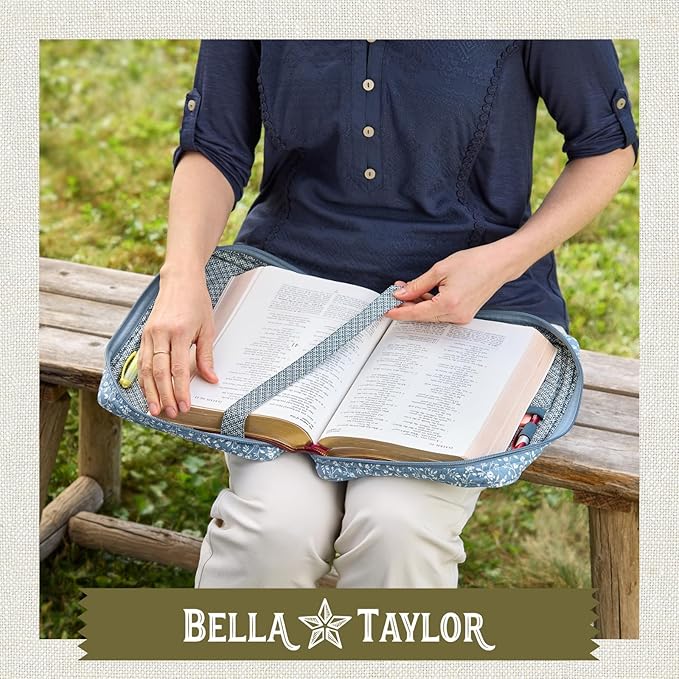 Bella Taylor Quilted Bible Cover for Women, Cotton Fabric Bible Case for Medium and Large Study Bibles, Heritage Blue Floral