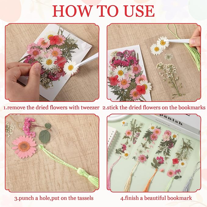20 Sets Dried Flower Bookmark Making Kit Transparent Bookmark DIY Projects Craft Gift Bulk PET Sticker with Color Tassels and tweezer for Classroom Activities Reading Award and Book Lovers