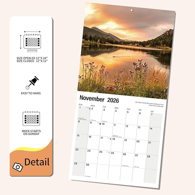 Wall Calendar 2026 Planner Calendar - LAKE Hangable Monthly Wall Calendar with Large Blocks for Organizing & Planning, Academic Schedule, Home, Office & family, Thick & Sturdy Paper (12"x24" Open)