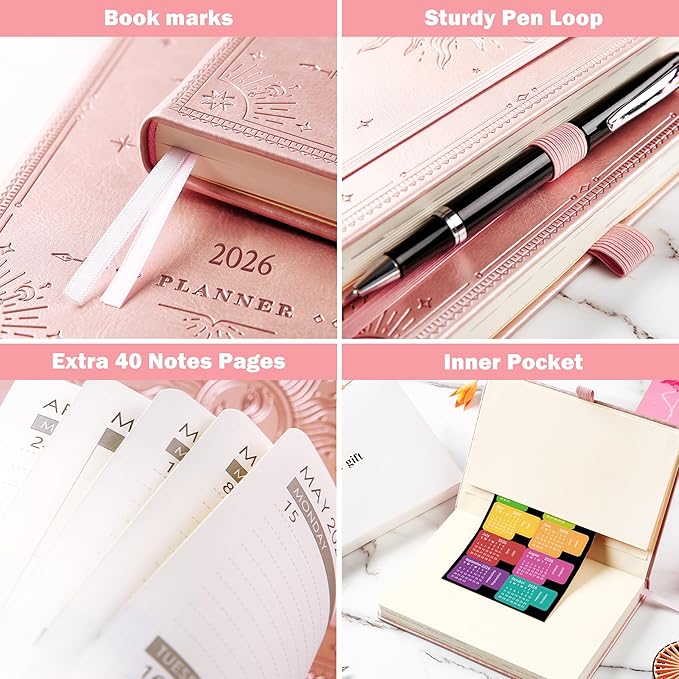 Planner 2026-2026 Planner, Jan 2026 - Dec 2026, 5.75" x 8.25", 2026 Weekly and Monthly Planner, Faux Leather planners 26 with Back Pocket & 40 Notes Pages - Rose Gold